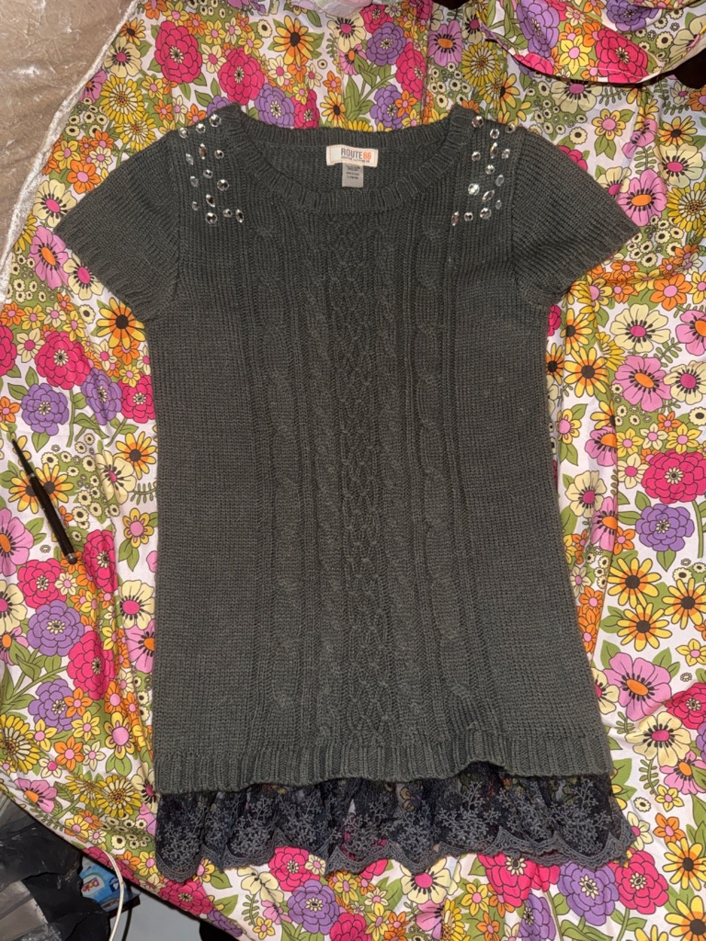 Route 66 Short Sleeve Knitted Top with Rhinestone Accents!